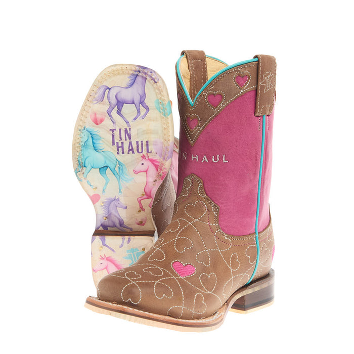 Tin Haul Kid's Sweetheart I Love Horses Sole Square Toe Boot