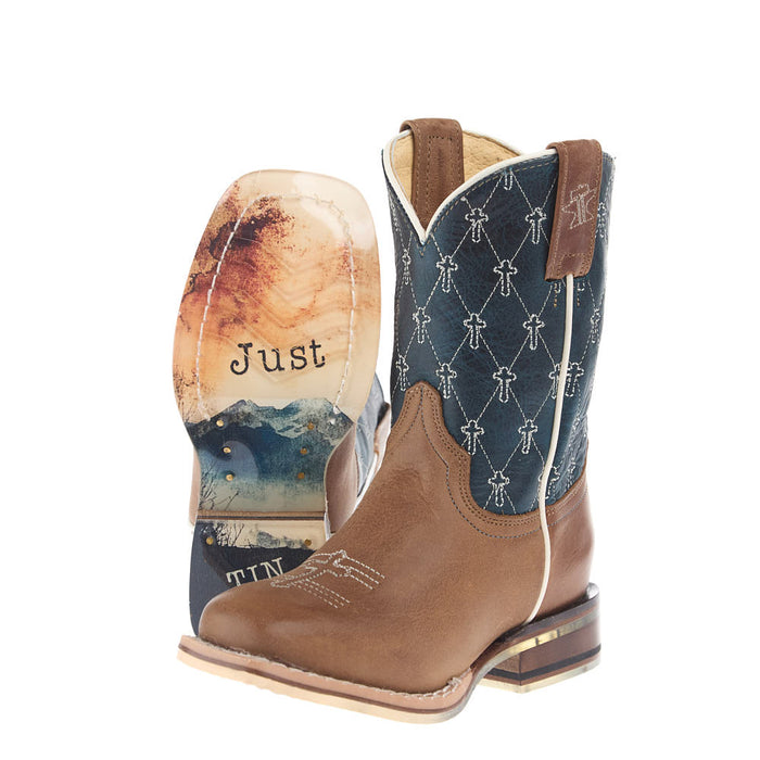 Tin Haul kid's Criss Cross Cross Brown Square Toe Just Believe Sole Boot