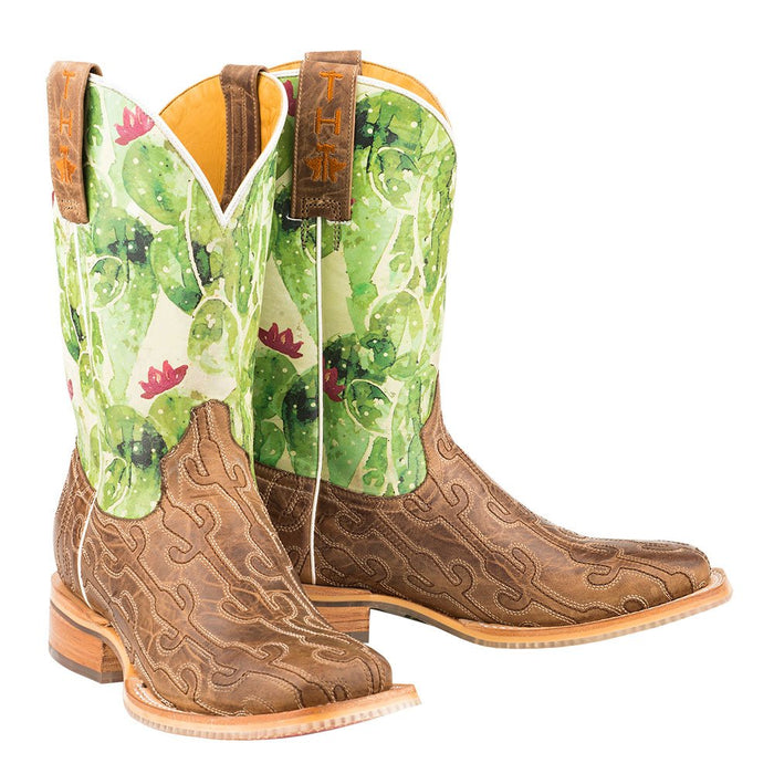 Tin Haul Footwear Ladies Burnished Tan Stitched Cactus Vamp Square Toe Cowgirl Boots