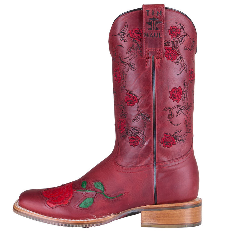 Tin Haul Women's Red Floral Vamp 13in Red Embroidered Top Boot