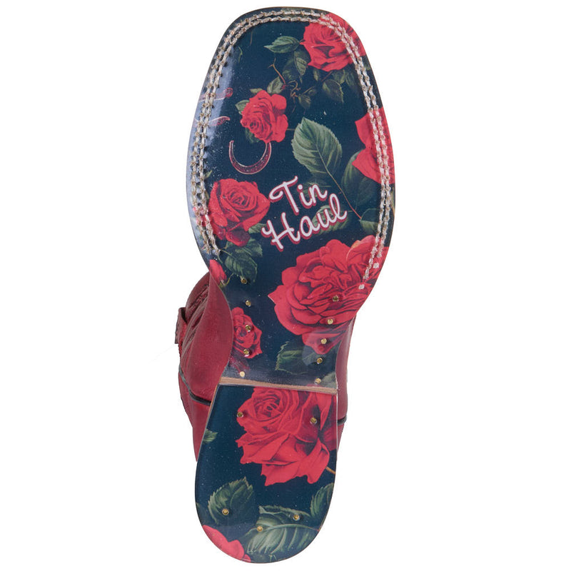 Tin Haul Women's Red Floral Vamp 13in Red Embroidered Top Boot
