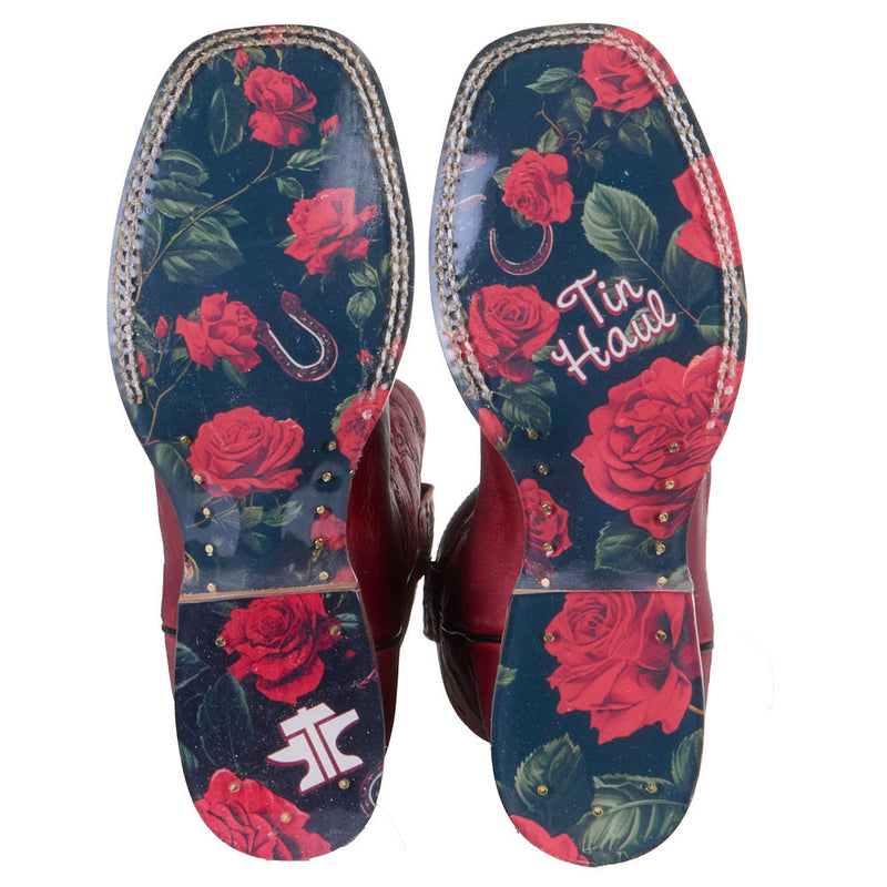 Tin Haul Women's Red Floral Vamp 13in Red Embroidered Top Boot