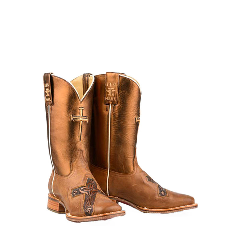 Tin Haul Women's Holy Cross Cross Embossed Vamp 11in Bronze Top Boot