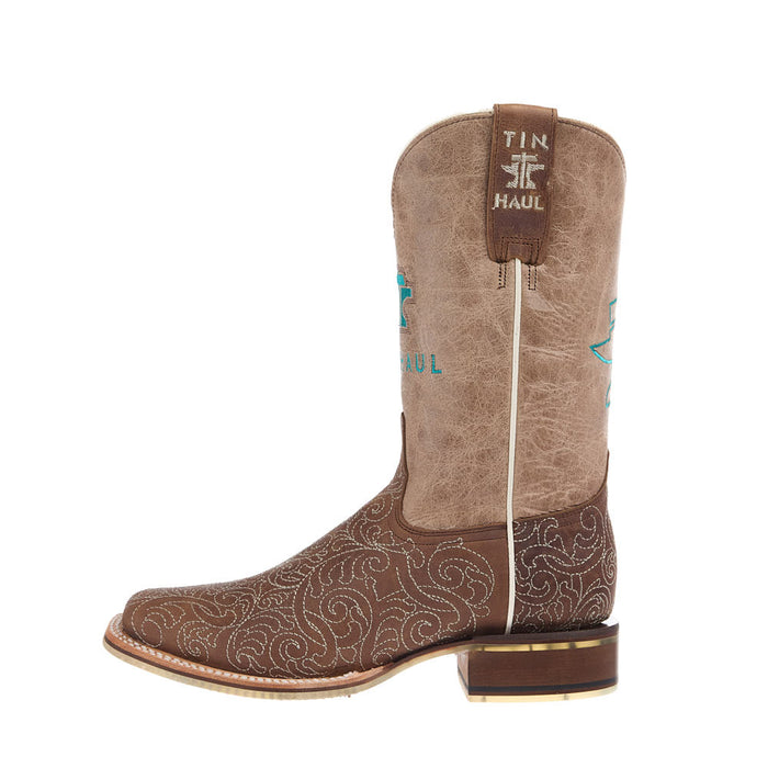 Tin Haul Women's Brown Scrollwork Vamp 11In Tan Top Boot