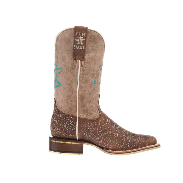Tin Haul Women's Brown Scrollwork Vamp 11In Tan Top Boot
