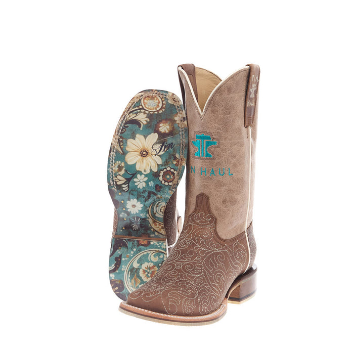Tin Haul Women's Brown Scrollwork Vamp 11In Tan Top Boot
