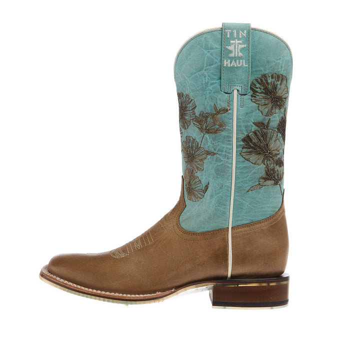 Tin Haul Women's Flowers In Bloom Tan Vamp 11In Teal Floral Top Boot