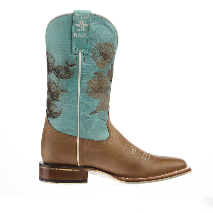 Tin Haul Women's Flowers In Bloom Tan Vamp 11In Teal Floral Top Boot