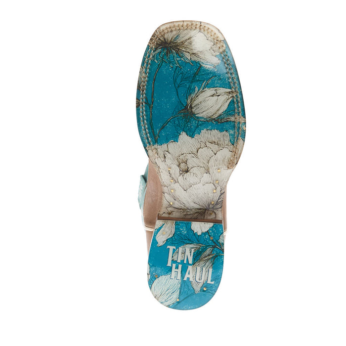Tin Haul Women's Flowers In Bloom Tan Vamp 11In Teal Floral Top Boot