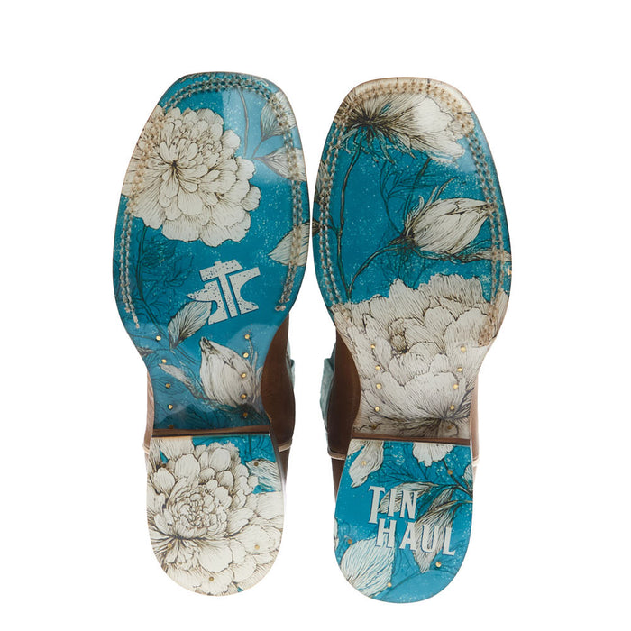 Tin Haul Women's Flowers In Bloom Tan Vamp 11In Teal Floral Top Boot