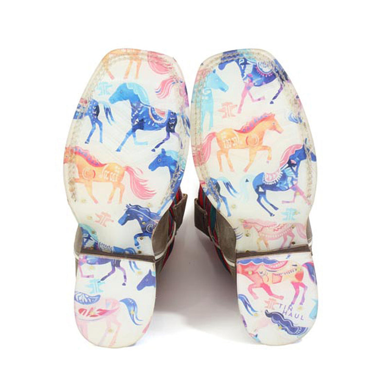 Tin Haul Kid`s Happy Serape and Colorful Horses Sole Square Toe Boot