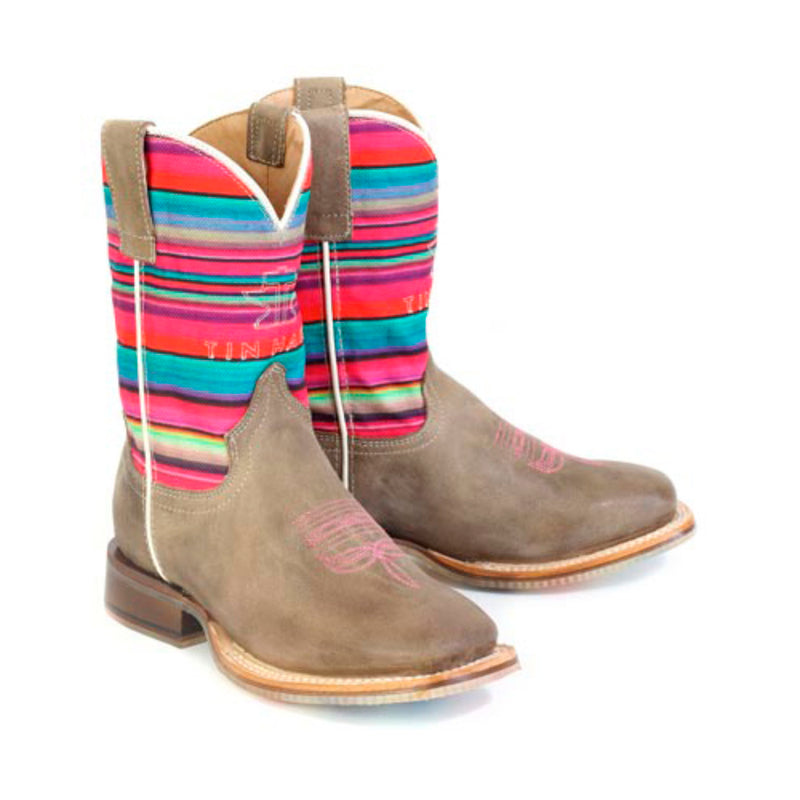 Tin Haul Kid`s Happy Serape and Colorful Horses Sole Square Toe Boot