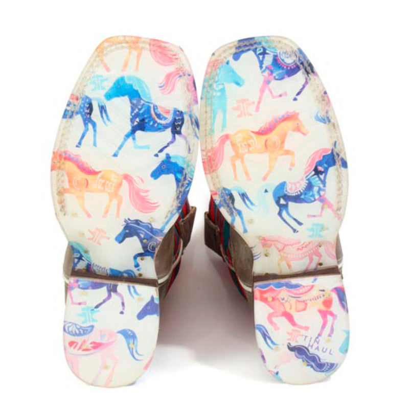 Tin Haul Youth Happy Serape and Colorful Horses Sole Square Toe Boot