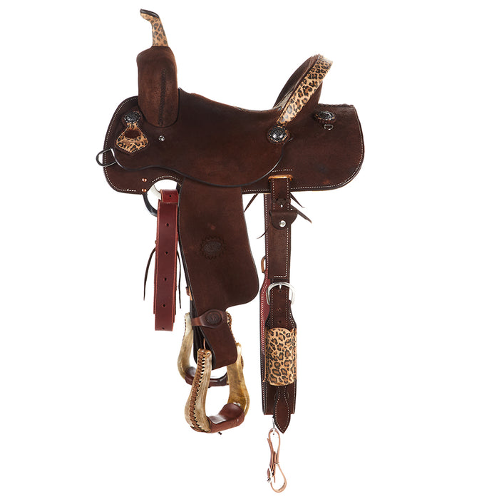 Nrs Competitors Chocolate Roughout with Inlaid Cheetah Cross Barrel Saddle