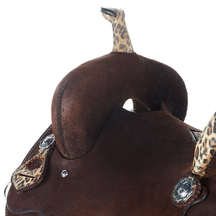 Nrs Competitors Chocolate Roughout with Inlaid Cheetah Cross Barrel Saddle