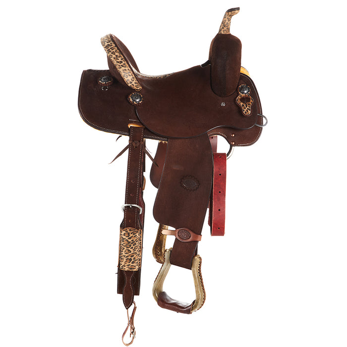 Nrs Competitors Chocolate Roughout with Inlaid Cheetah Cross Barrel Saddle