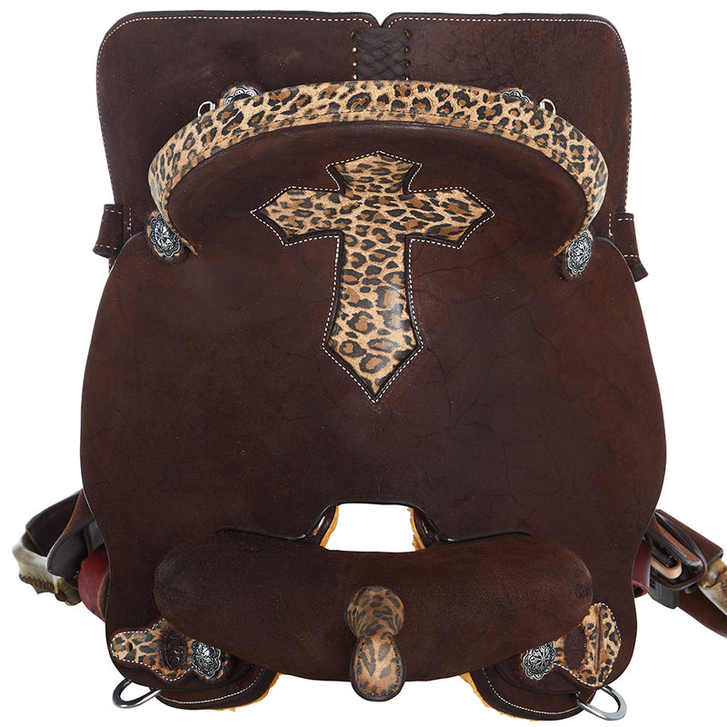 Nrs Competitors Chocolate Roughout with Inlaid Cheetah Cross Barrel Saddle