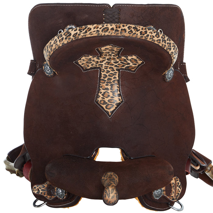 Nrs Competitors Chocolate Roughout with Inlaid Cheetah Cross Barrel Saddle