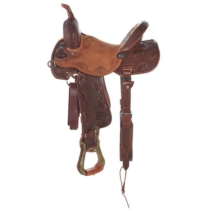 Nrs Competitor Series Heavy Oil 7/8 Breed Mini Basket Stamp Sunflower Tooled Barrel Saddle