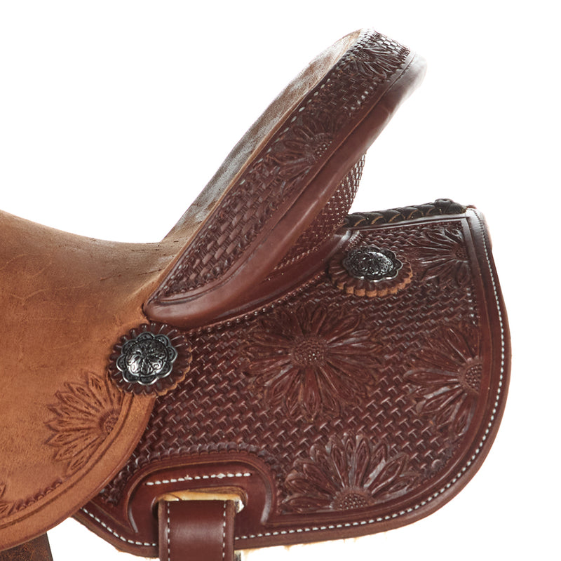 NRS Competitor Series Heavy Oil 7/8 Breed Mini Basket Stamp Sunflower Tooled Barrel Saddle
