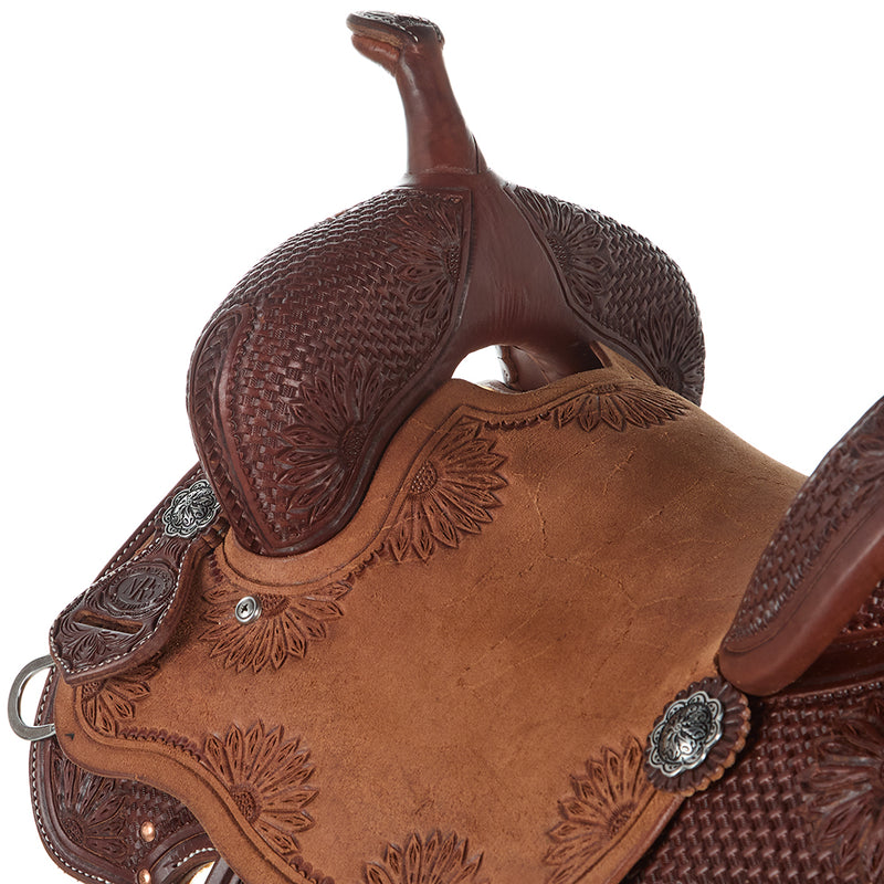 NRS Competitor Series Heavy Oil 7/8 Breed Mini Basket Stamp Sunflower Tooled Barrel Saddle