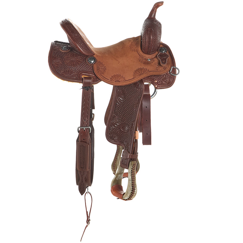NRS Competitor Series Heavy Oil 7/8 Breed Mini Basket Stamp Sunflower Tooled Barrel Saddle
