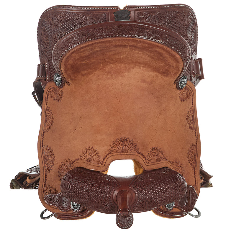 NRS Competitor Series Heavy Oil 7/8 Breed Mini Basket Stamp Sunflower Tooled Barrel Saddle