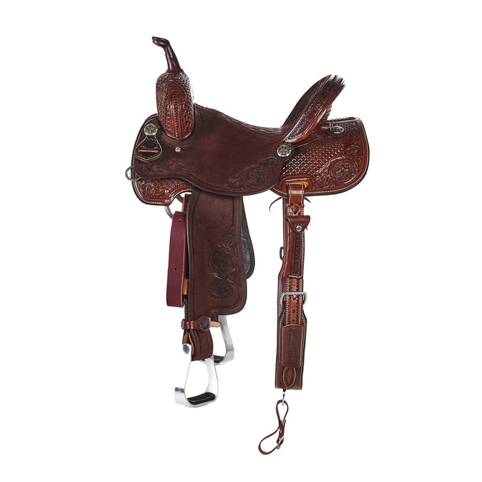 Nrs Competitor Series Chocolate 3/4 Breed Mia Flower and Waffle Tooled Seat Barrel Saddle