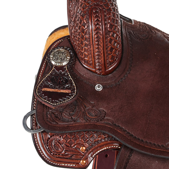 Nrs Competitor Series Chocolate 3/4 Breed Mia Flower and Waffle Tooled Seat Barrel Saddle