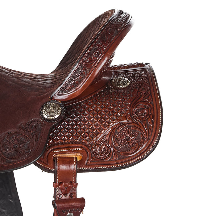 Nrs Competitor Series Chocolate 3/4 Breed Mia Flower and Waffle Tooled Seat Barrel Saddle