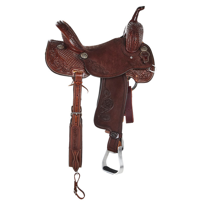 Nrs Competitor Series Chocolate 3/4 Breed Mia Flower and Waffle Tooled Seat Barrel Saddle