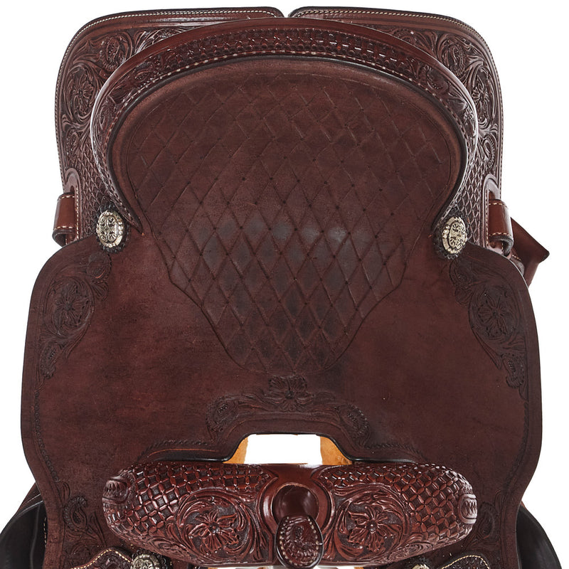 NRS Competitor Series Chocolate 3/4 Breed Mia Flower and Waffle Tooled Seat Barrel Saddle