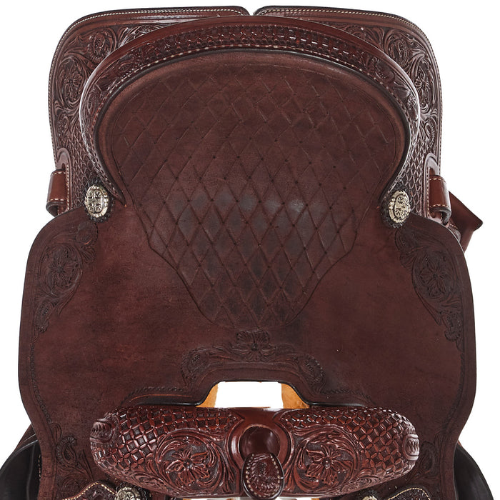 Nrs Competitor Series Chocolate 3/4 Breed Mia Flower and Waffle Tooled Seat Barrel Saddle