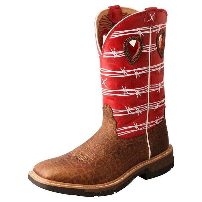 Mens Distressed Saddle 12in Red Barbwire Soft Toe Work Boot