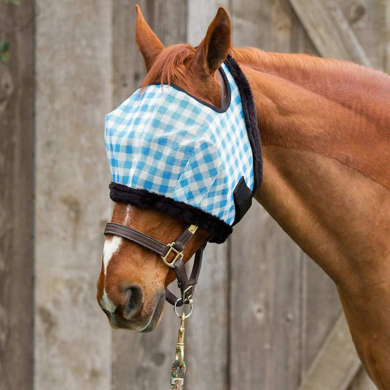 Modern Vintage Turquoise Gingham Mesh Fly Mask with Fleece Binding