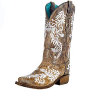 Womens Brown/White Embroidered Square Toe Boot