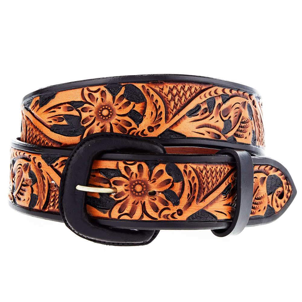 Floral Tooled Leather Belt - TwoTone Brown Leaf Pattern