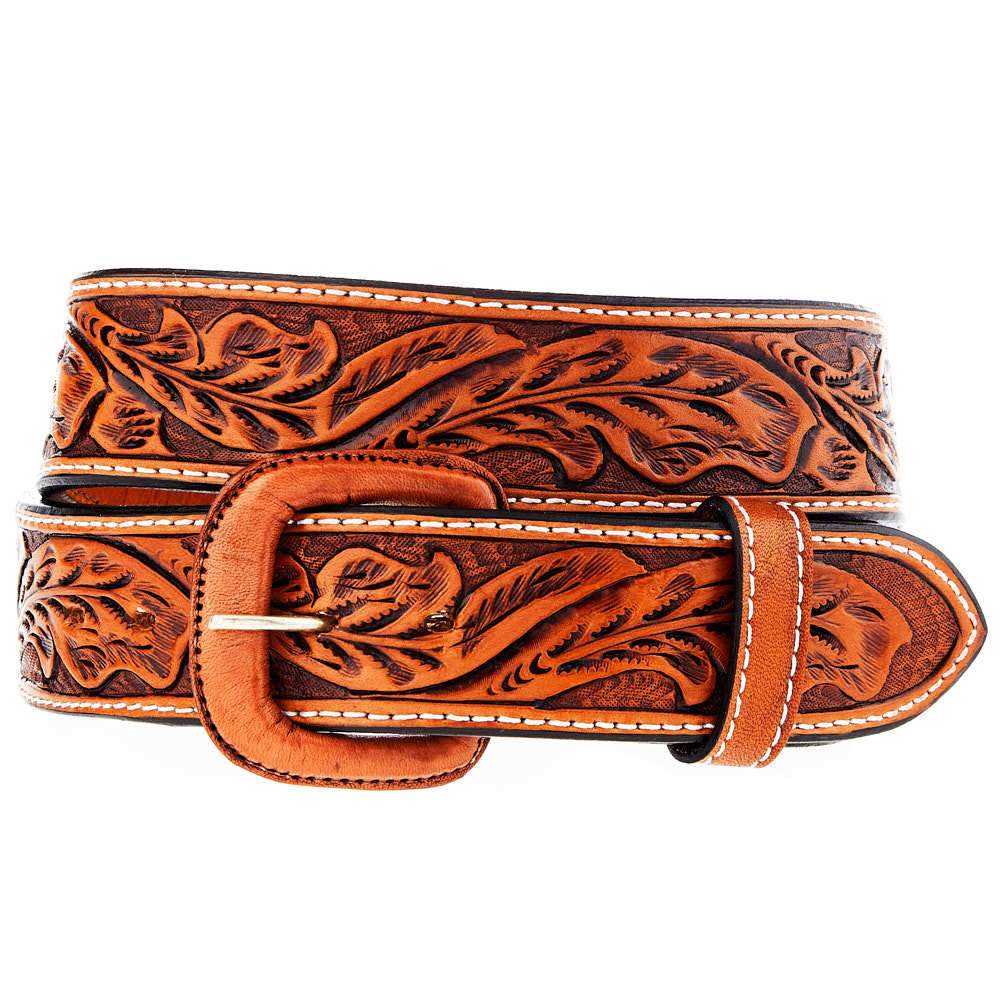 Floral Tooled Leather Belt - TwoTone Brown Leaf Pattern
