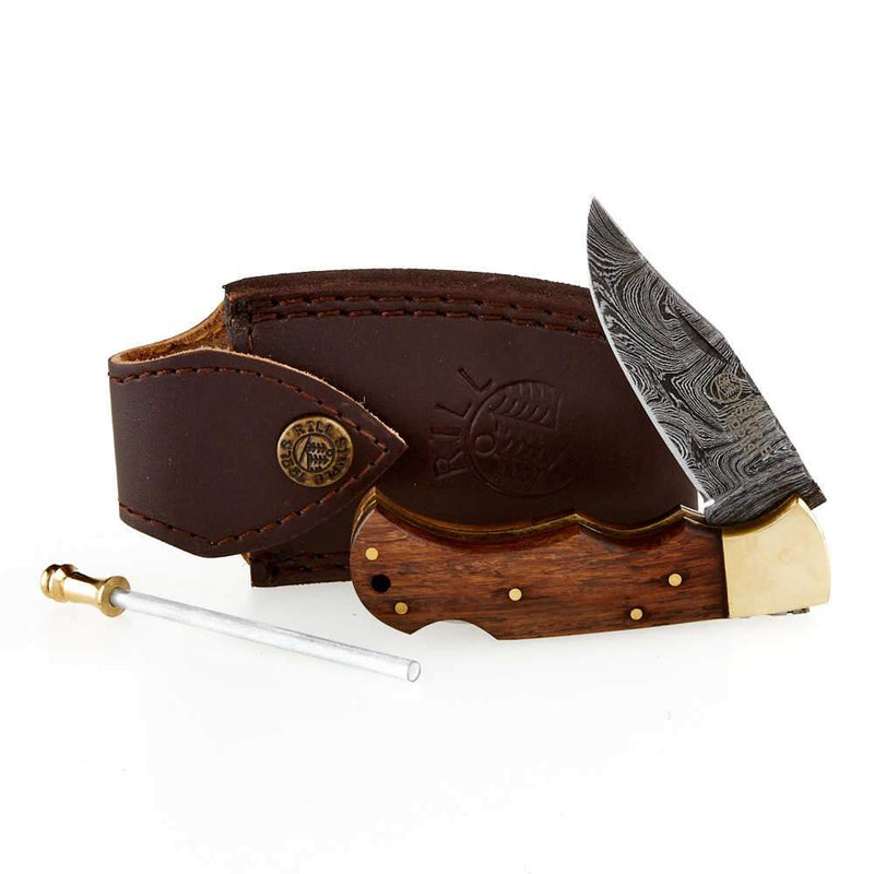 Woody Damascus Folding Skinner w/sheath 017