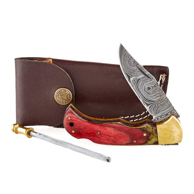 Colorado Red Damascus Folding Skinner w/Sheath 019