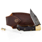 Bone Daddy Damascus Black Folding Knife w/Sheath 020
