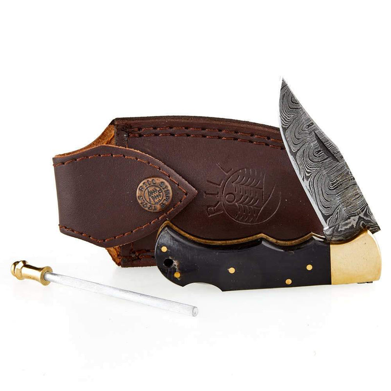 Bone Daddy Damascus Black Folding Knife w/Sheath 020