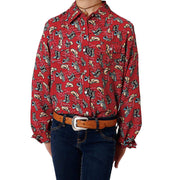 Girl's Western Red Western Print Blouse with Snaps