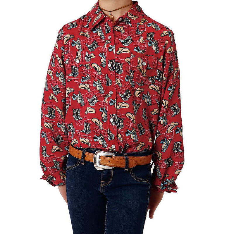 Girl's Western Red Western Print Blouse with Snaps