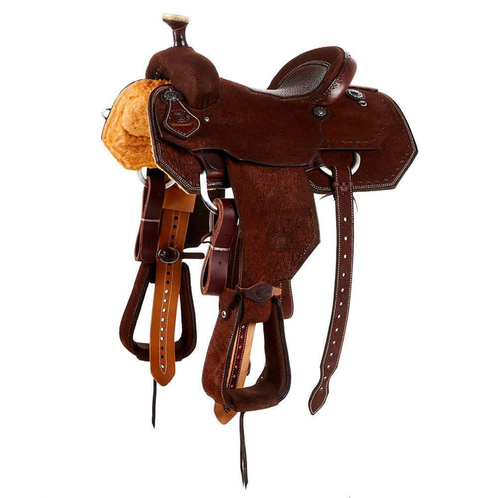 NRS Competitor Series Chocolate Rough Out Team Roper Saddle with Inlaid Red Bullhide Seat