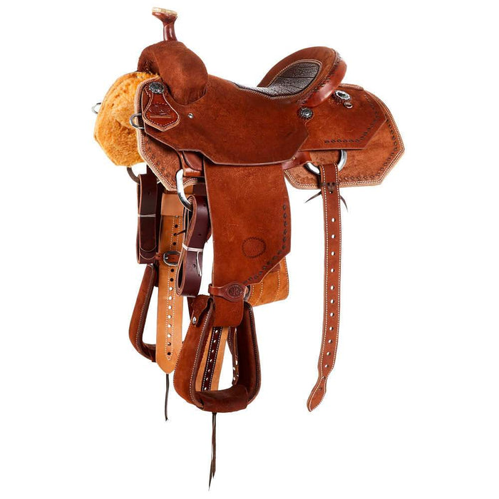 NRS Competitor Series Chestnut Rough Out Team Roper Saddle with Inlaid Red Bullhide Seat