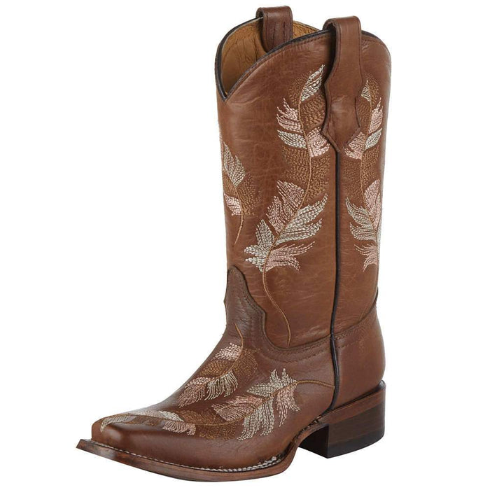 Kids Tan and Pink Embroidered Feather Square Toe Cowgirl Boot