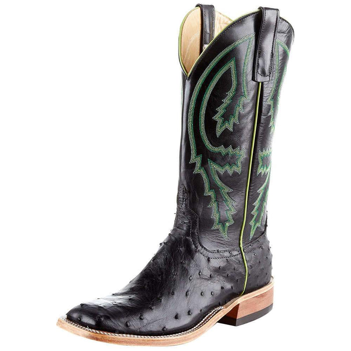 Men's Anderson Bean Black Full Quill Ostrich 13" Black Kidskin Top Square Toe Boots