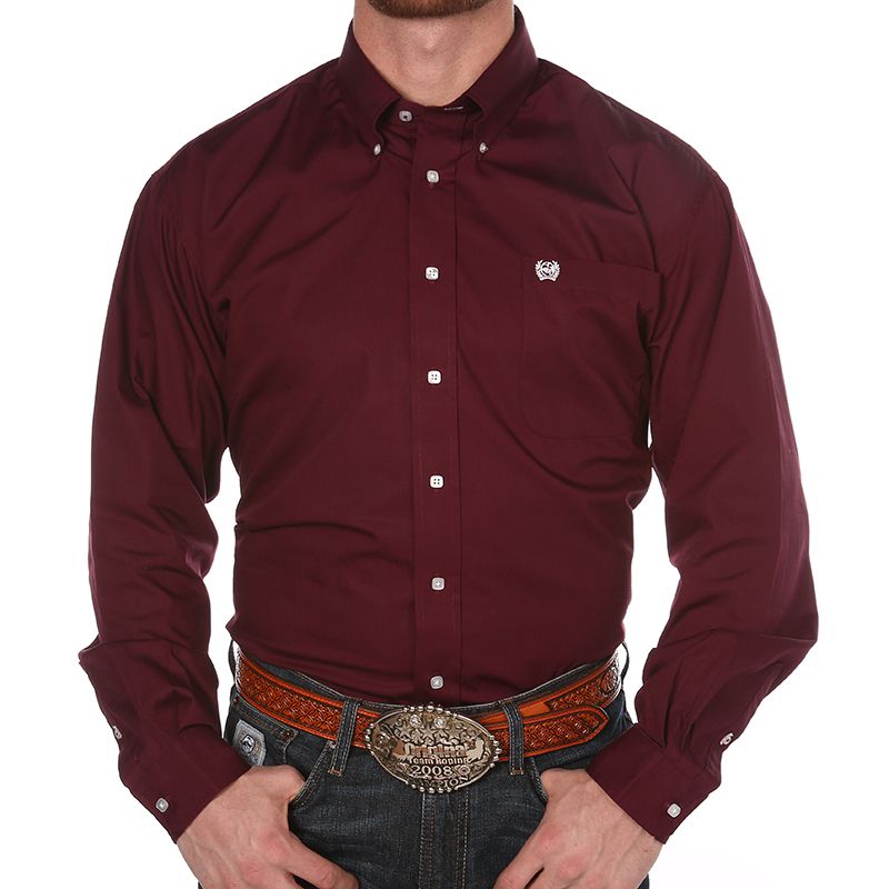 Cinch Men's Long Sleeve Solid Button Down Shirt - Burgundy - 3XL