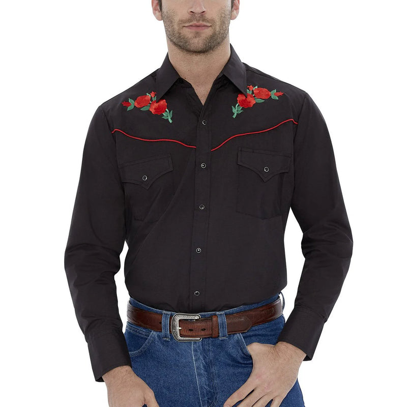 Ely Cattleman Long Sleeve Mens Rose Embroidered Black Shirt